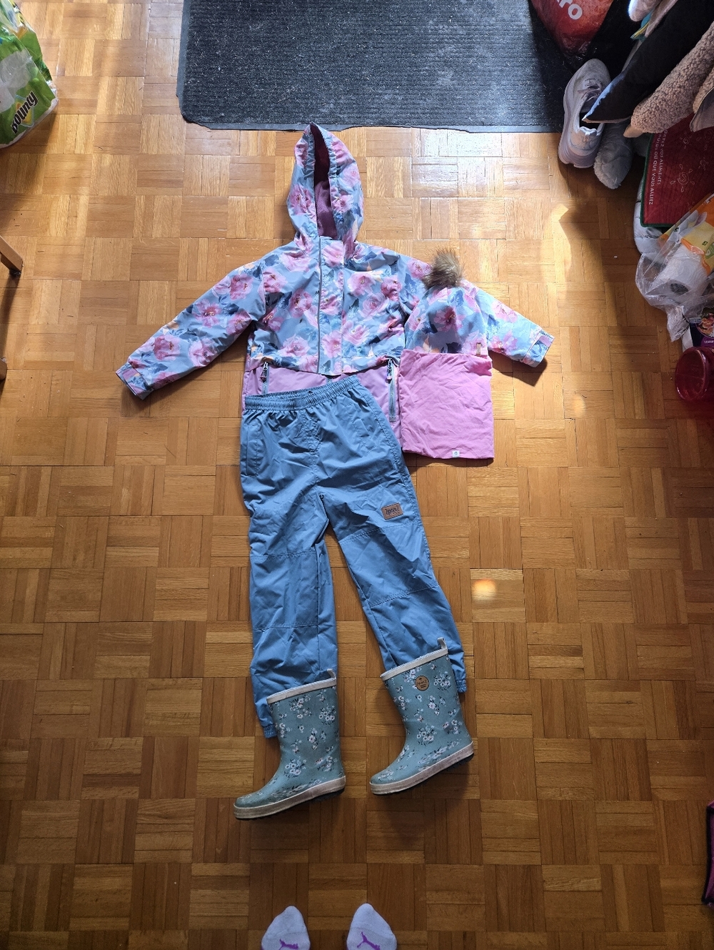 Girls Floral Pink & Blue Mid-Season Outerwear Set with Boots Size 8